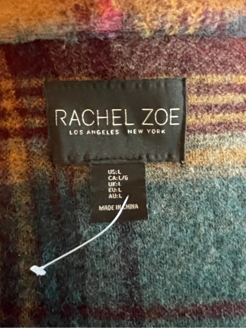 RACHEL ZOE Womens Large Plaid Wool Blend Overcoat NWOT Teal Gold Burgundy Coat - Picture 13 of 14